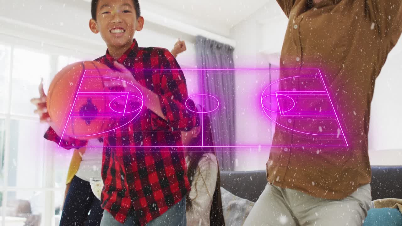 animación de campo de juego de neón sobre familia feliz biracial