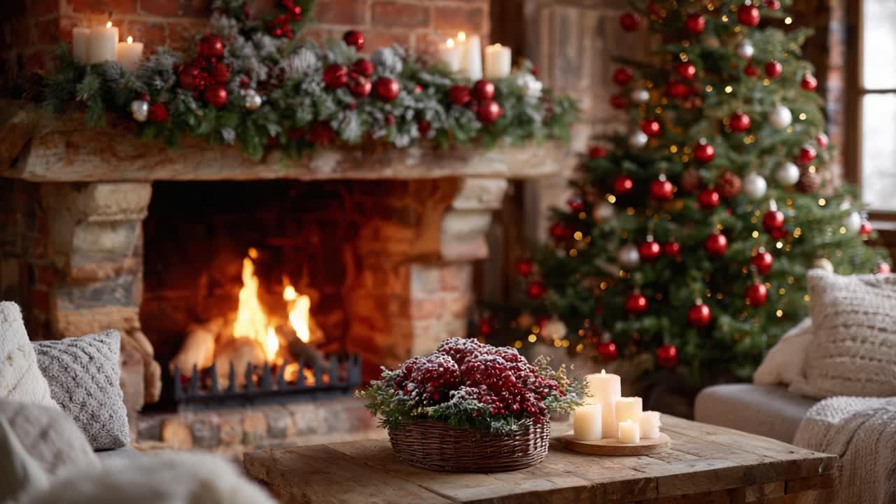 Cozy Christmas Living Room Scene Featuring a Festively Decorated Fireplace, a Beautifully Adorned Tree, and Warm Candlelight for a Magical Holiday Atmosphere