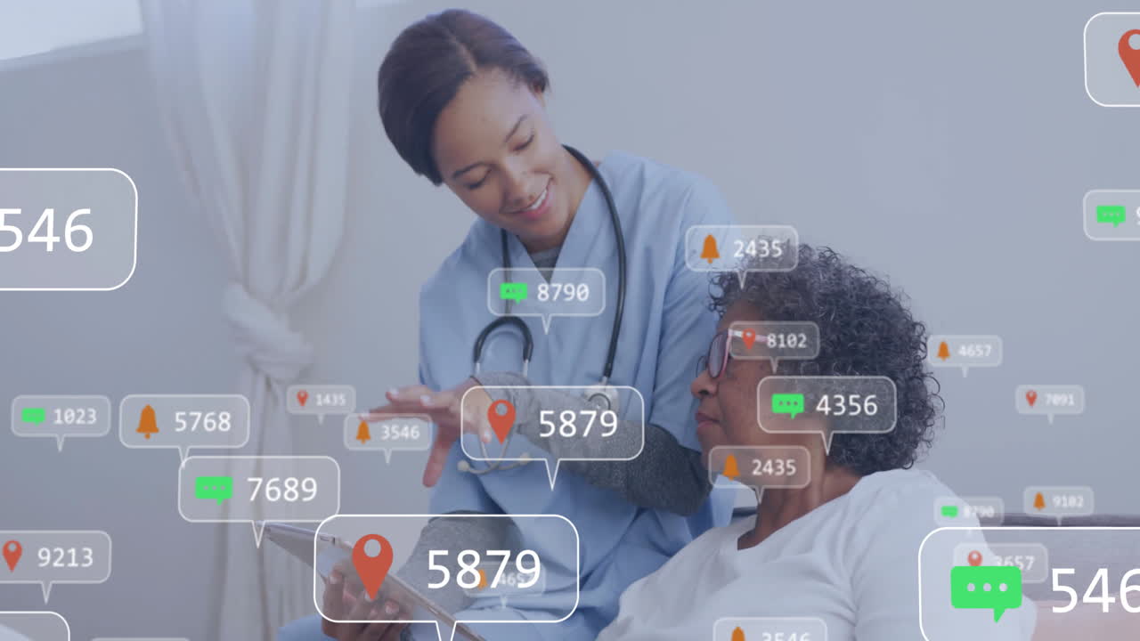 Assisting elderly patient, healthcare professional with social media notifications animation