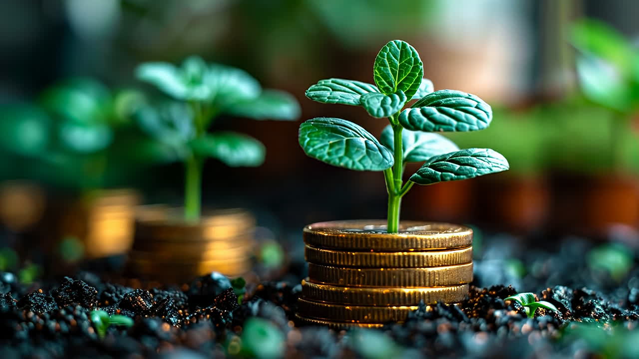 Growth of plants among coins in a garden. Green plants grow from stacks of coins in a garden setting, symbolizing investment and nature's connection