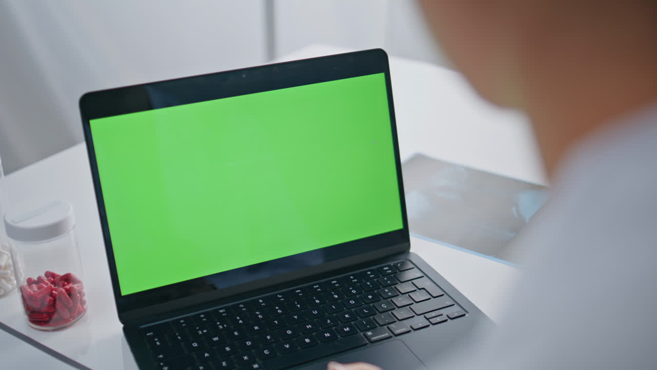 Clinic specialist consulting mockup laptop office closeup. Medic video calling