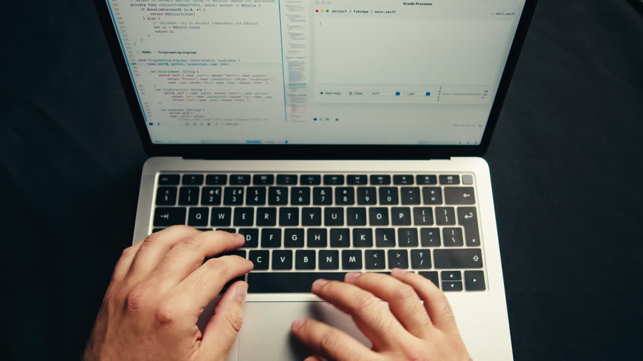 Overhead View of Hands Typing Code on Laptop Keyboard | Premium Stock ...