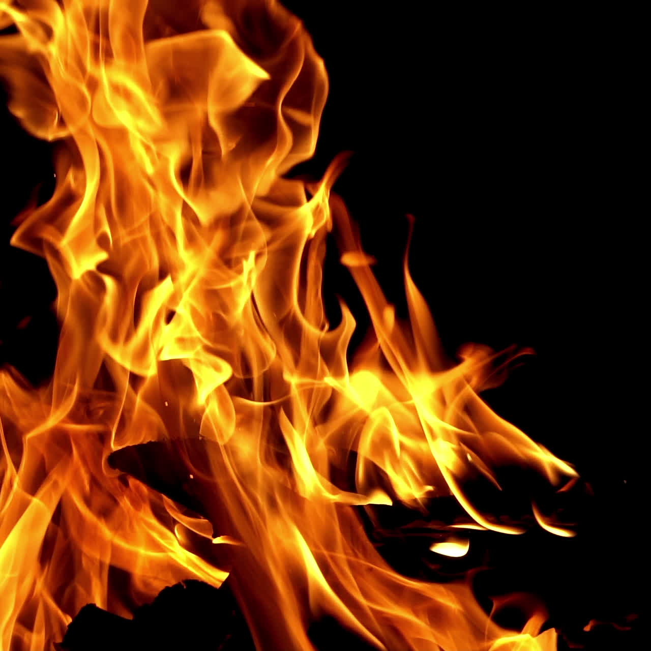 Burning bright camping fire on black background at night. Slow motion shot of fire sparks moving on dark. Close-up