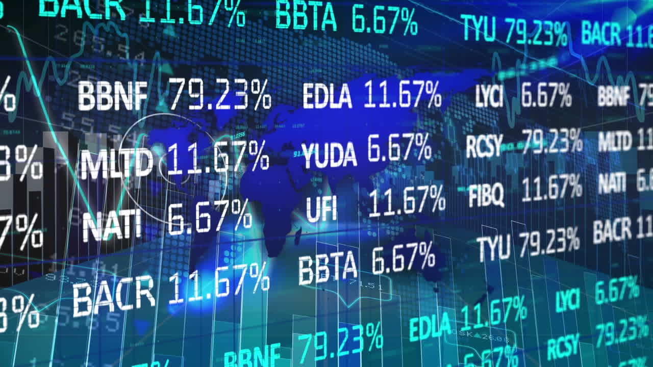 Stock market data processing against world map on blue background