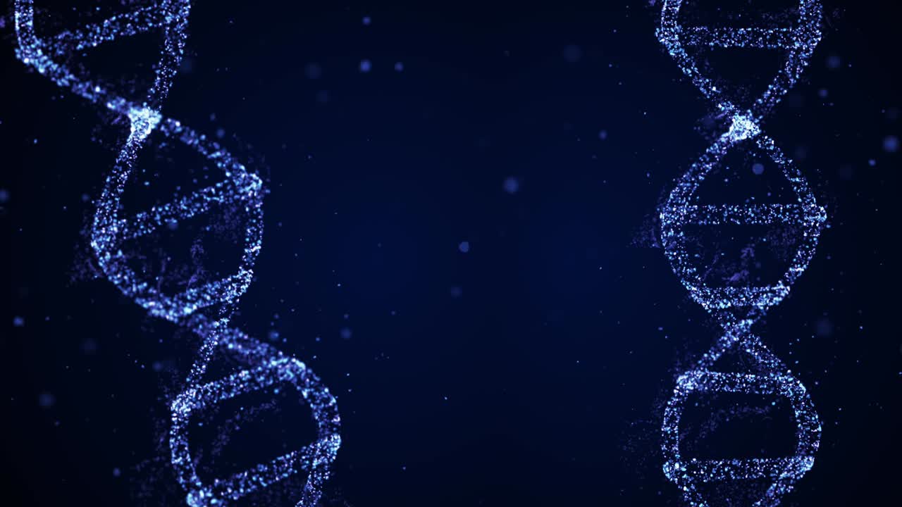 una cadena de hélice de adn hecha de partículas con aminoácidos flotando en el fondo azul.