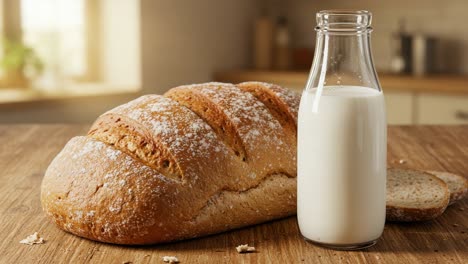 freshly baked bread and creamy milk on a rustic wooden table, perfect for breakfast or snack time, evoking comfort and wholesomeness in a cozy kitchen setting