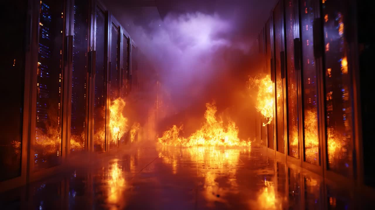 A Fiery Catastrophe Unfolds: A Dark Corridor Filled with Blazing Flames, Smoke, and Reflections Amidst the Server Racks in an Intense, Chaotic Environment