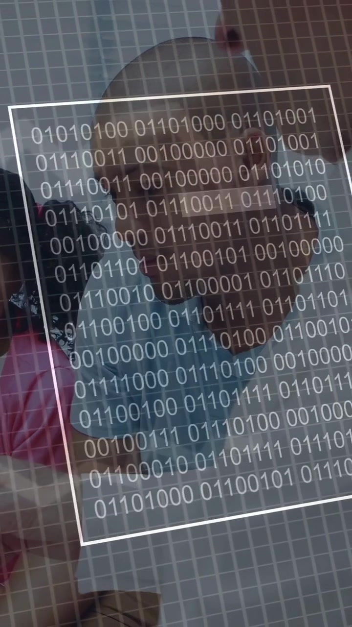 Vertical video: Child tapping phone, senior leaning, HUD animating charts and binary for data