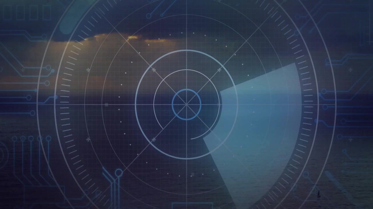 All'attivazione dell'HUD, un'overlay trasparente che svanisce, con un cuneo rotante che scansiona punti per il rilevamento di oggetti.