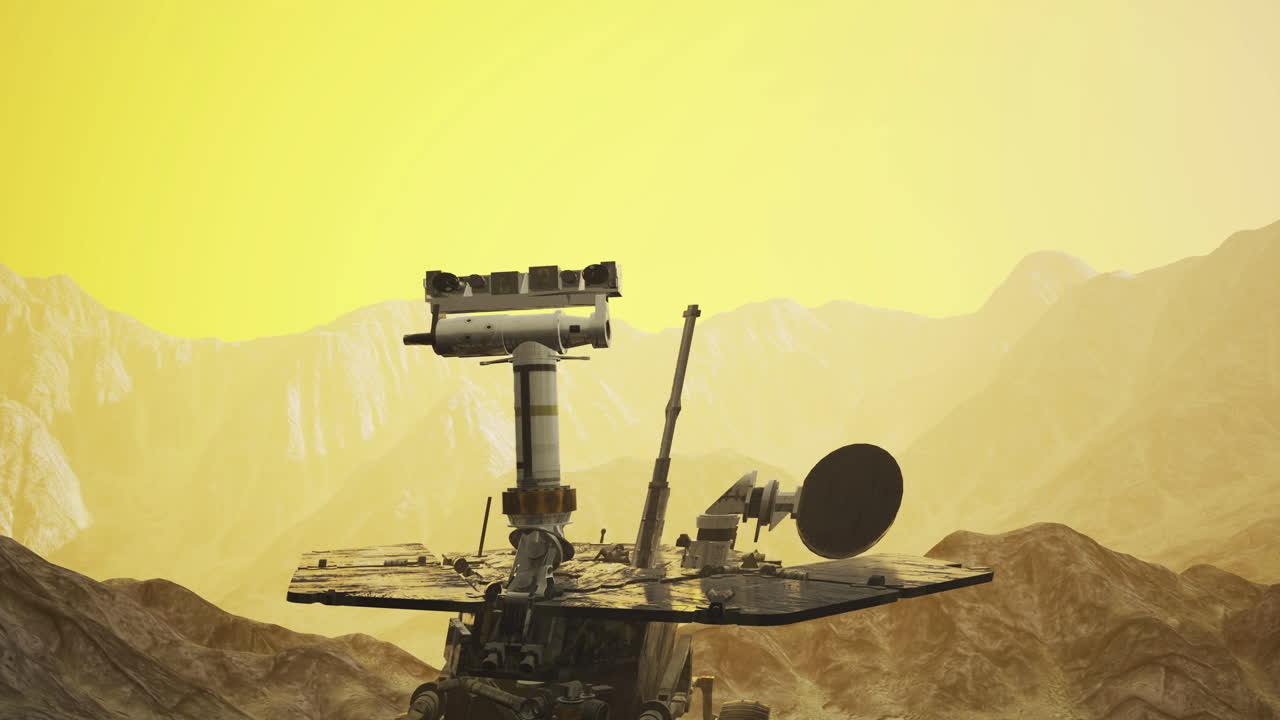 Mars opportunity rover explores martian landscape under golden sky