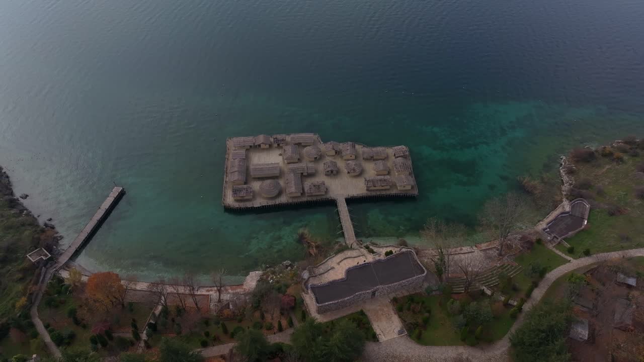 Drone view of the Bay of the Bones Museum on Lake Ohrid, North Macedonia