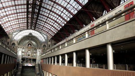 amazing wide shot of vintage train station with platform tracks on different levels