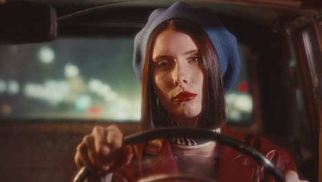 attractive girl in retro-style outfit driving car on rainy night