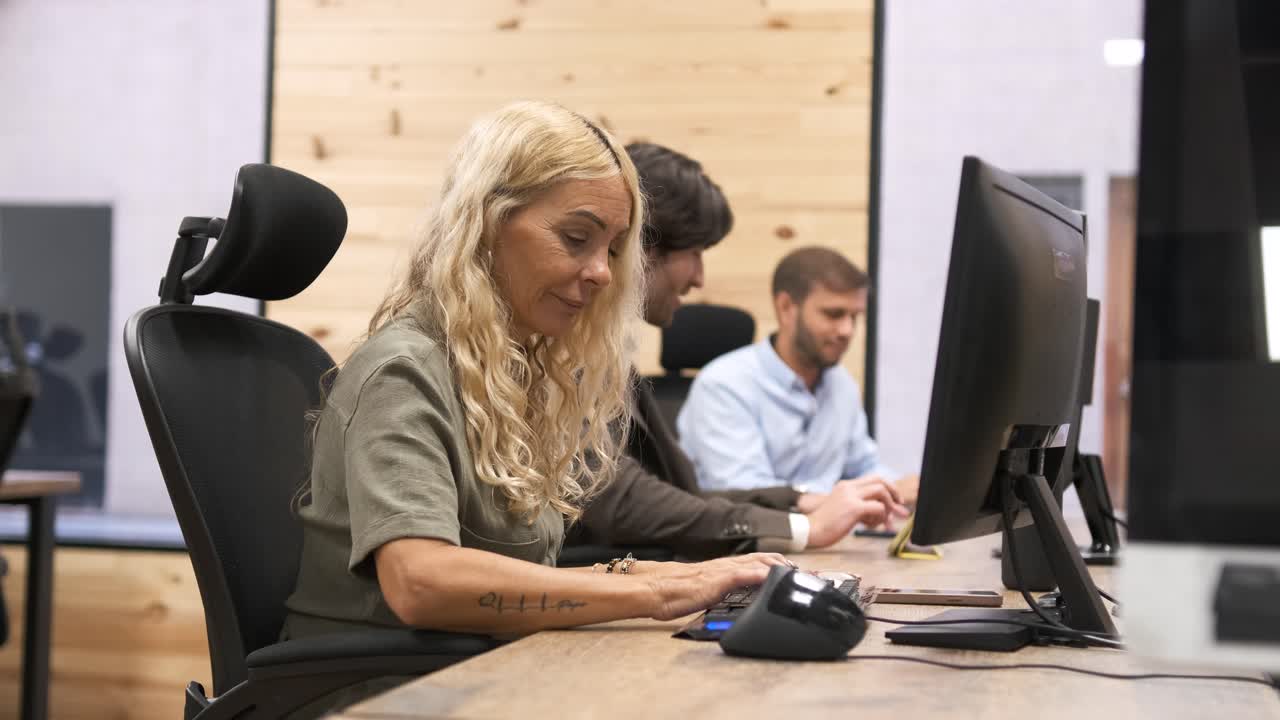 Businesswoman using computer with colleagues talking in background