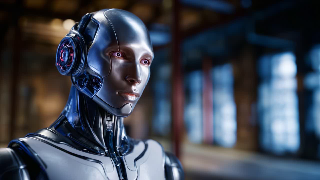Un robot umanoide futuristico che mette in mostra tecnologia avanzata e un design complesso in un ambiente industriale moderno, fondendo fantascienza e realismo