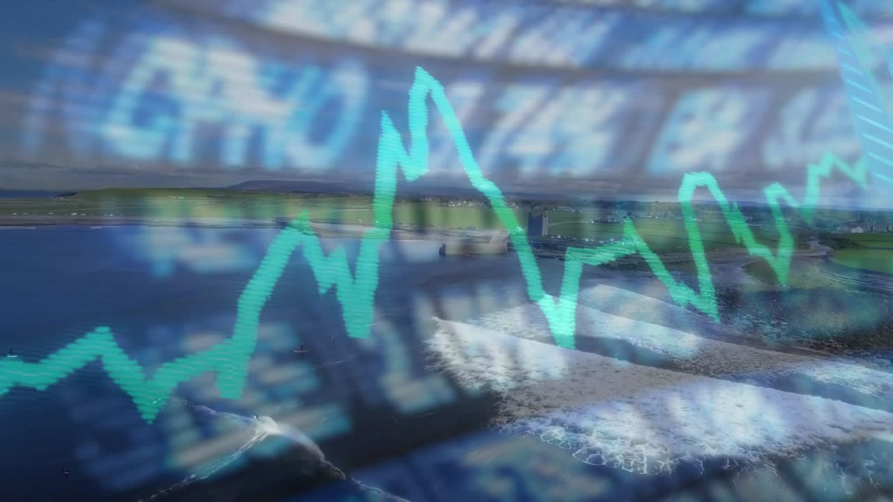 Teal chart appearing, fluctuating with scrolling ticker, overlay showing market trends over coast