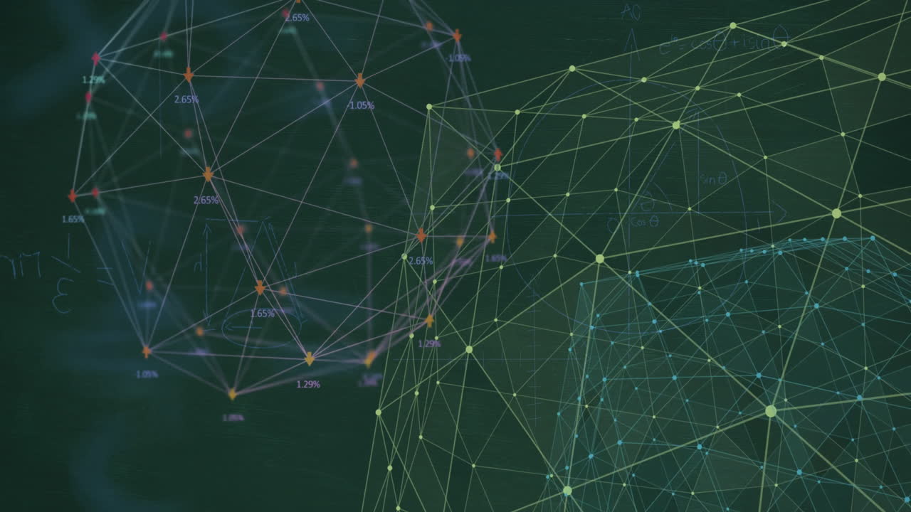 Animation of network of connections and data processing on black background