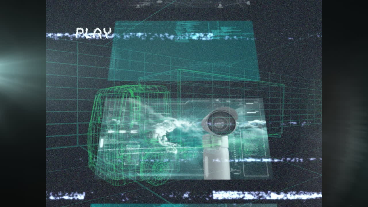 Animation of play screen with glitch and screens with data over 3d drawing model of lorry and grid