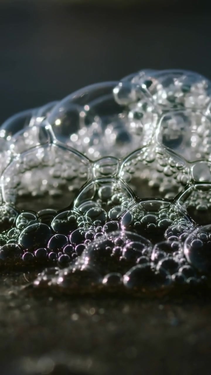 Vidéo verticale : Changement de mise au point provoquant la fusion de bulles de savon se déposant sur du sable mouillé avec des reflets.