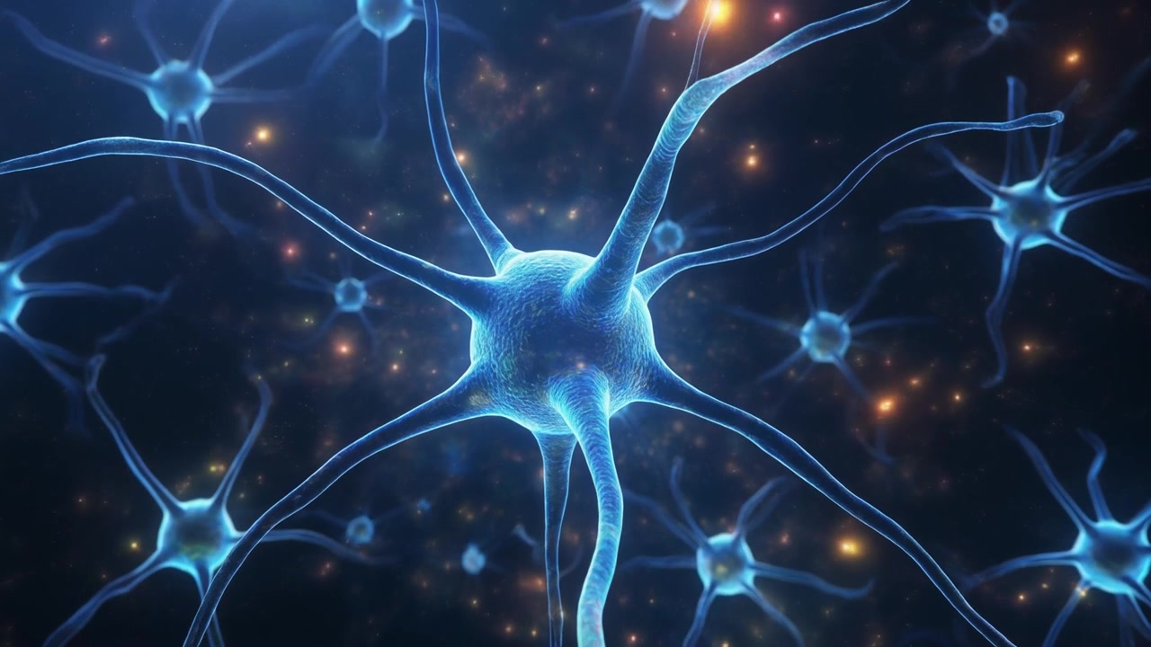 Microscopic View of Glowing Neurons Connecting in a Neural Network