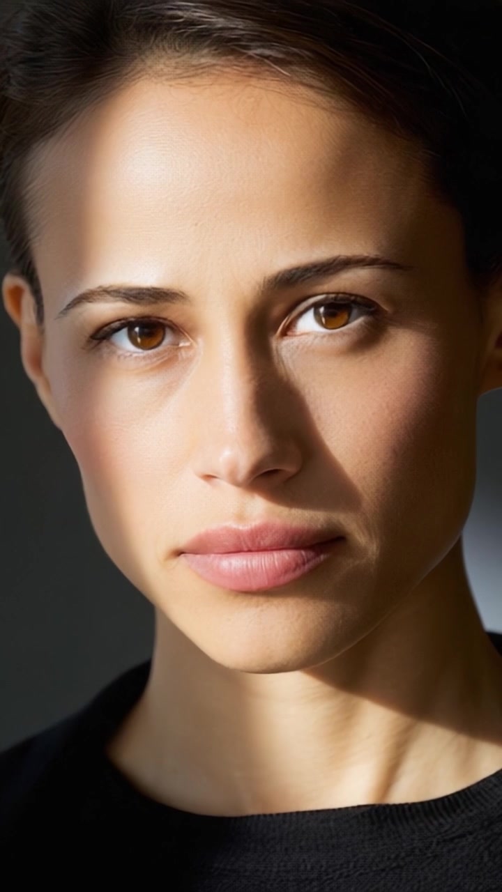 Un accattivante ritratto ravvicinato di una modella con intensi occhi marroni e lineamenti delicati, evidenziando la bellezza naturale e le espressioni sottili in luce naturale.