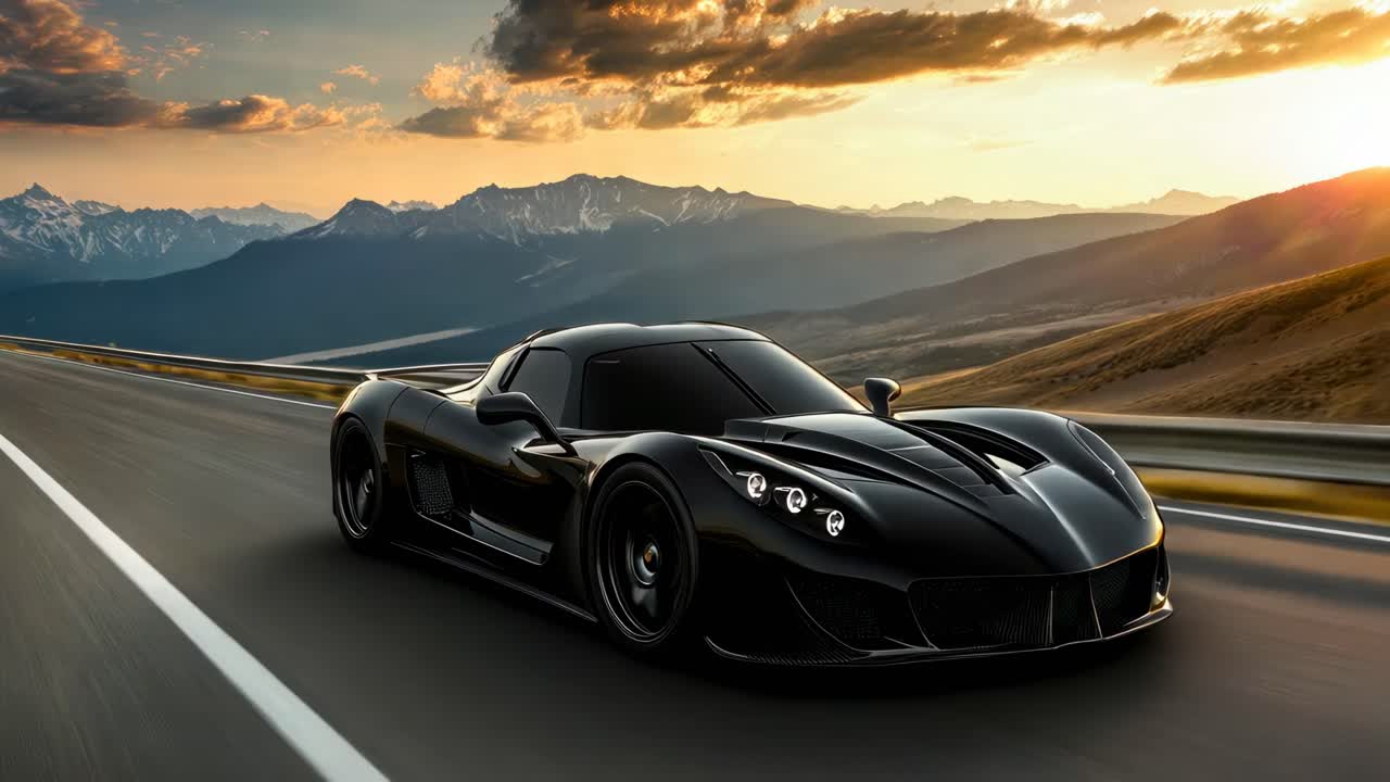 Sleek black sports car on a highway at sunset, captured from a low-angle, showcasing speed