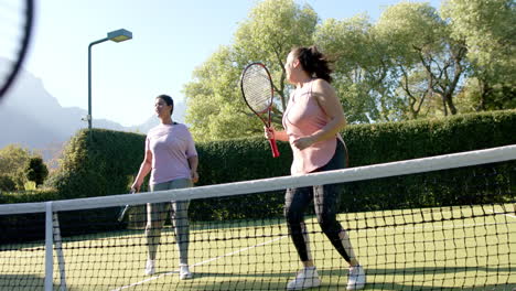 playing tennis, two women enjoying outdoor activity on sunny day