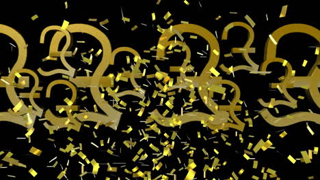 animation of confetti falling over british pound symbols on black background