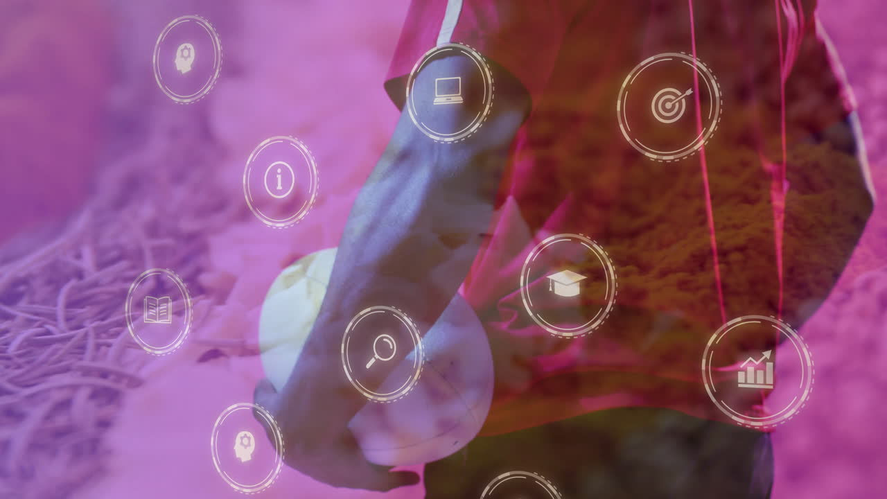 Holding soccer ball, person interacting with digital animation in vibrant colors