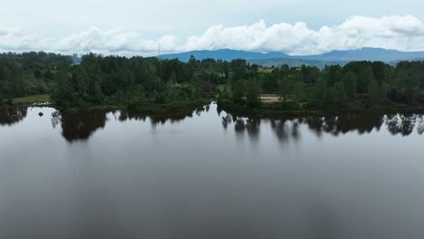 Grüner-Wald,-Der-Sich-Im-Stillen-Wasser-Des-Sees-Spiegelt