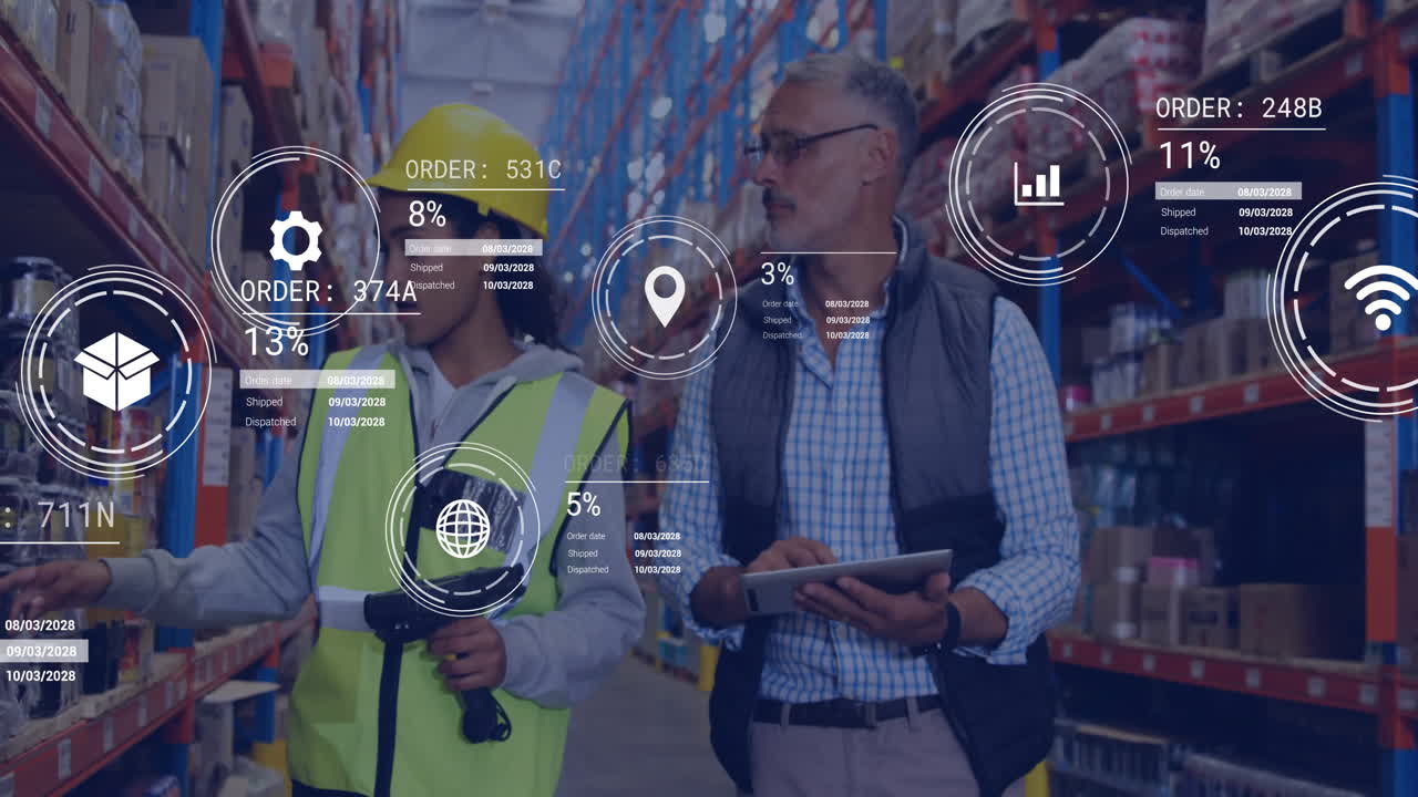 animación de iconos y procesamiento de datos sobre diversas personas que trabajan en la oficina