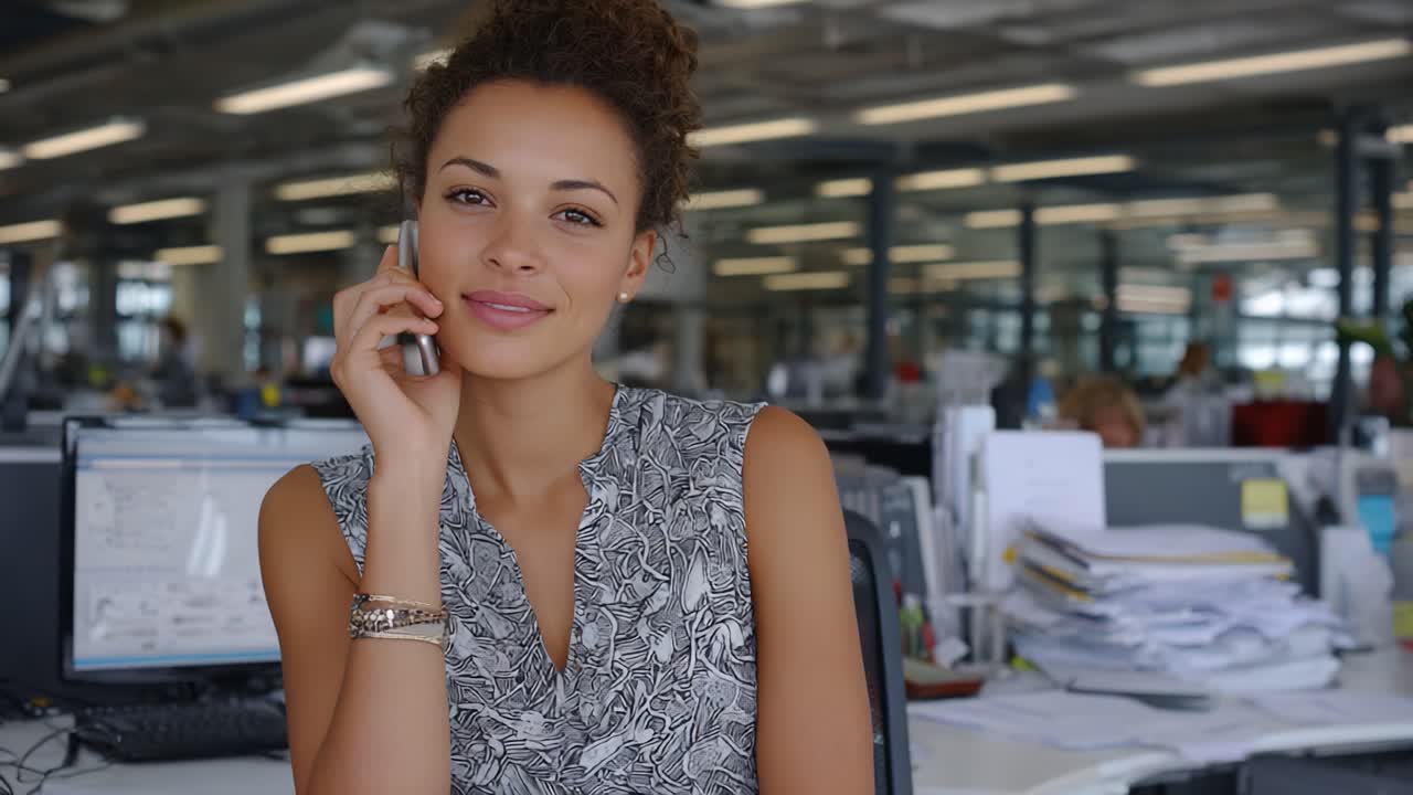 A Confident Professional Woman Engaged in a Phone Conversation in a Modern Office Environment, Showcasing Focus and Dedication to Her Work