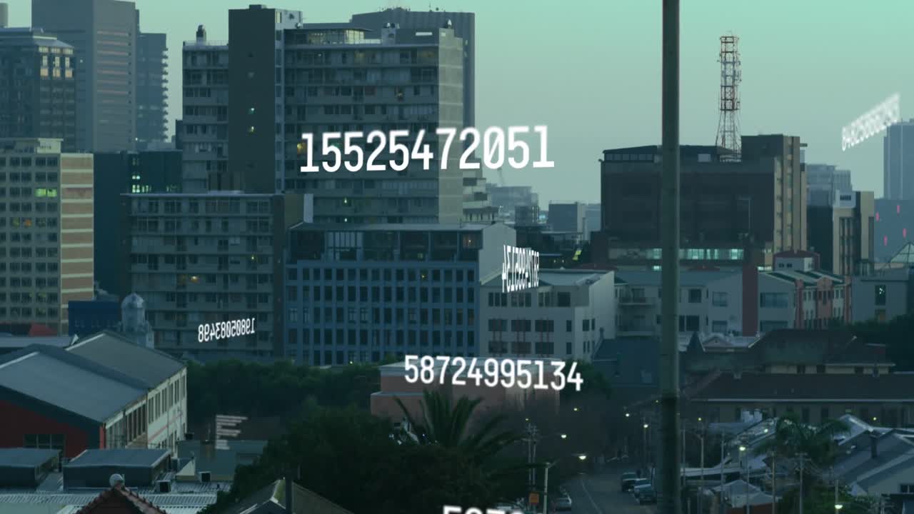 도시 풍경 위에서 처리되는 숫자의 애니메이션