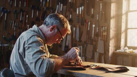 senior leather craftsman at work in his workshop