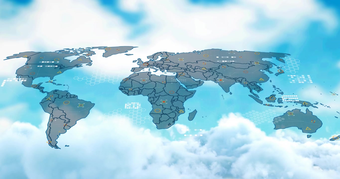 青空の雲を背景に、世界地図上でデータ処理が行われるアニメーション。