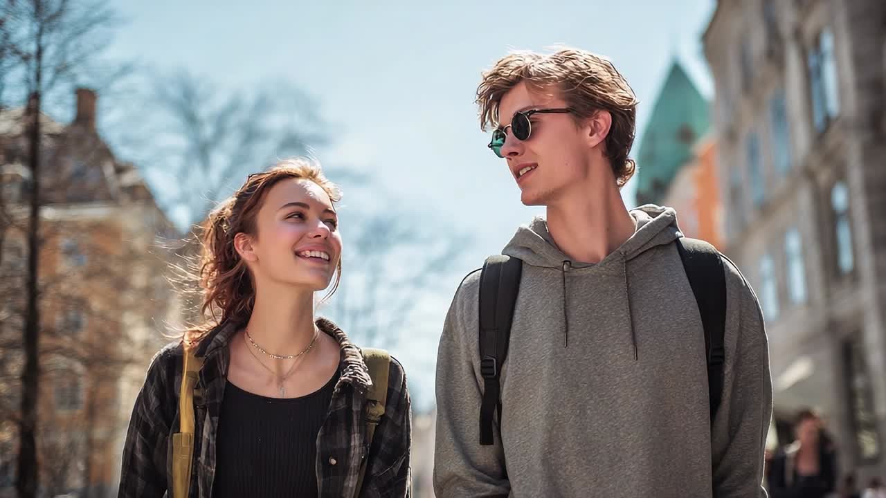 Young couple enjoying a sunny day in the city while walking together