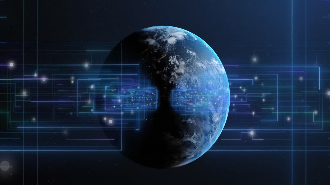 어두운 배경 위에서 지구의 애니메이션과 데이터 처리