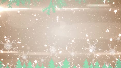 Animation-of-snow-falling-over-fir-trees-and-glowing-lights