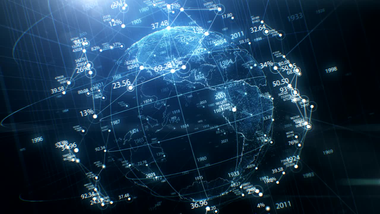 Earth Globe Hologram Spinning Seamless, Network Growing and Numbers Around. Abstract Beautiful Looped 3d Animation Cyberspace. Futuristic Business and Technology Concept