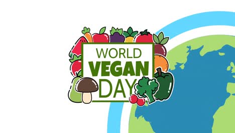 animation of world vegan day over globe on white background