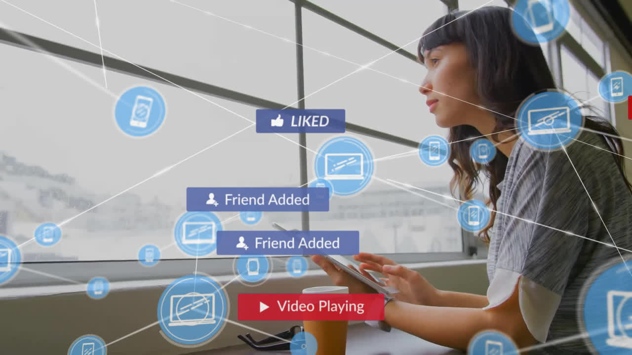 animación de una red de conexiones con iconos sobre una mujer caucásica usando una tableta