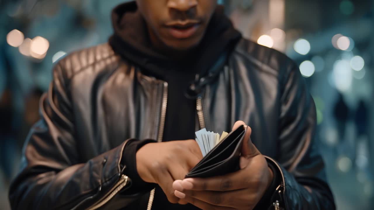 A focused individual holding a black leather wallet while wearing a stylish jacket in a blurred urban setting, highlighting personal accessories and fashion trends