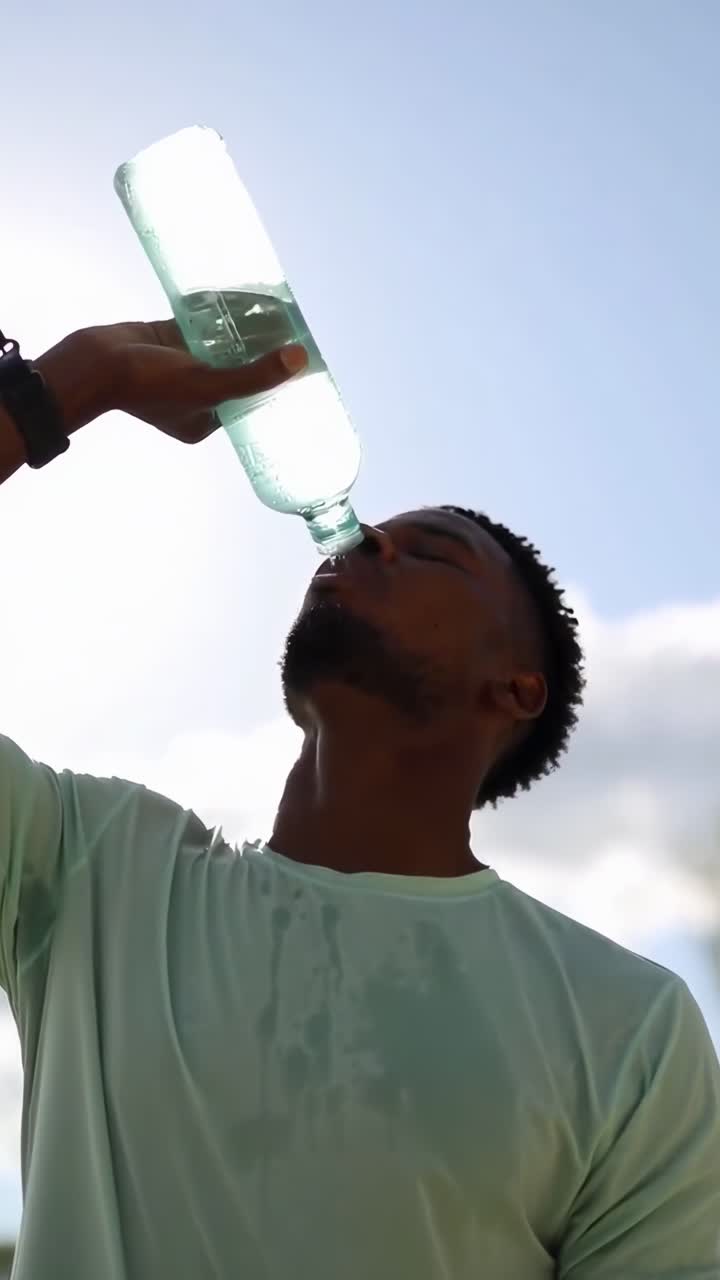 Vidéo en contre-plongée d’une personne buvant de l’eau en extérieur, capturant un moment rafraîchissant
