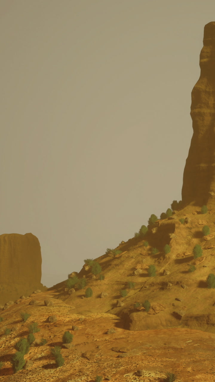 View of sandstone formations and distant hills at sunset in desert landscape