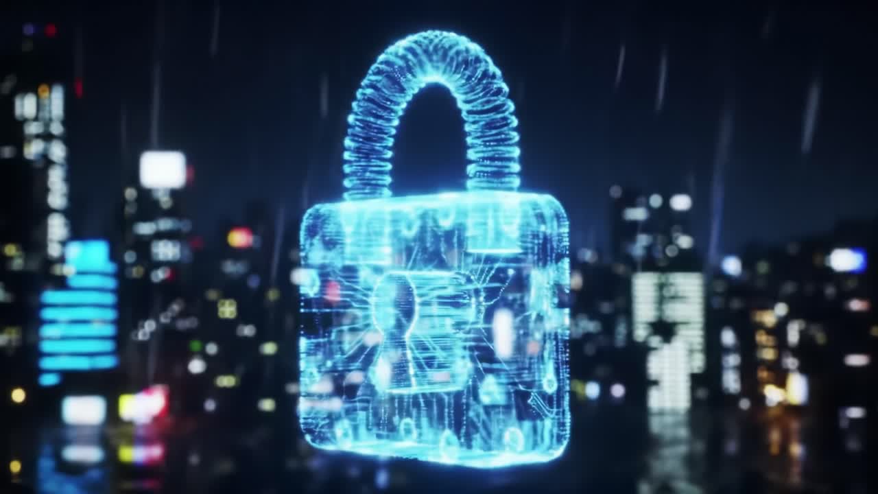 Cybersecurity Lock Icon Over Night Cityscape
