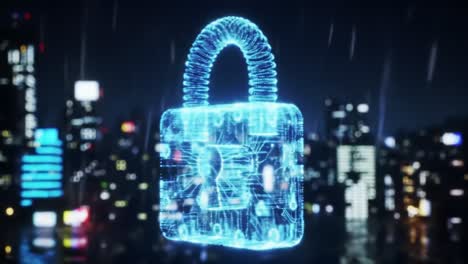 cybersecurity lock icon over night cityscape