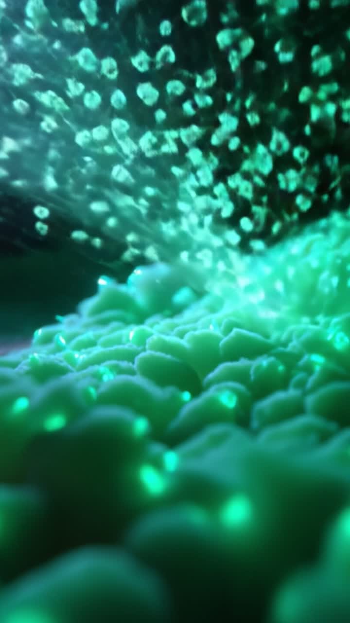 Primo piano accattivante di microelementi luminescenti e bolle effervescenti che creano una danza ipnotizzante di luce e colore in un vivido ambiente sottomarino.