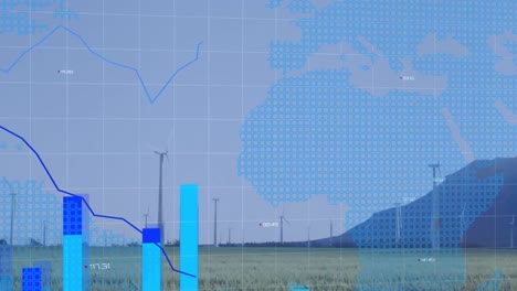 animation of statistics and financial data processing over world map, wind turbines in countryside