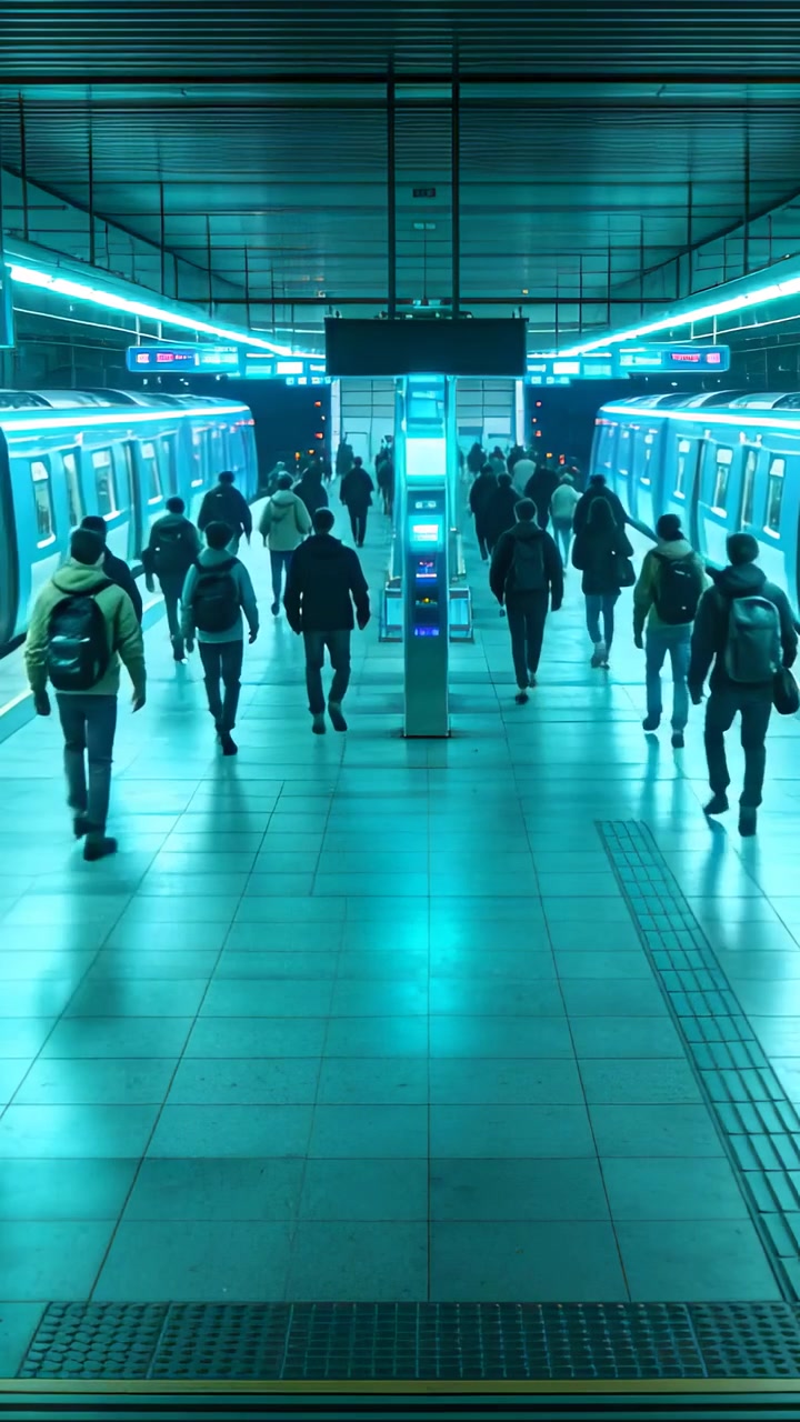 Vertical video: Walking crowd leaving trains and heading toward platform exits wearing coats, bags