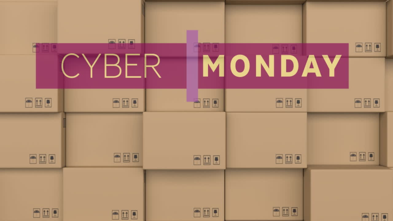 사이버 월요일 텍스트 배너 배경에 배달 상자 스택에 대항